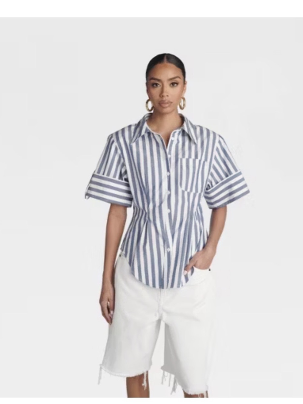 KBB by KAHLANA Short Sleeve' The Hourglass Button-Down Shirt' Blue Striped S NWT